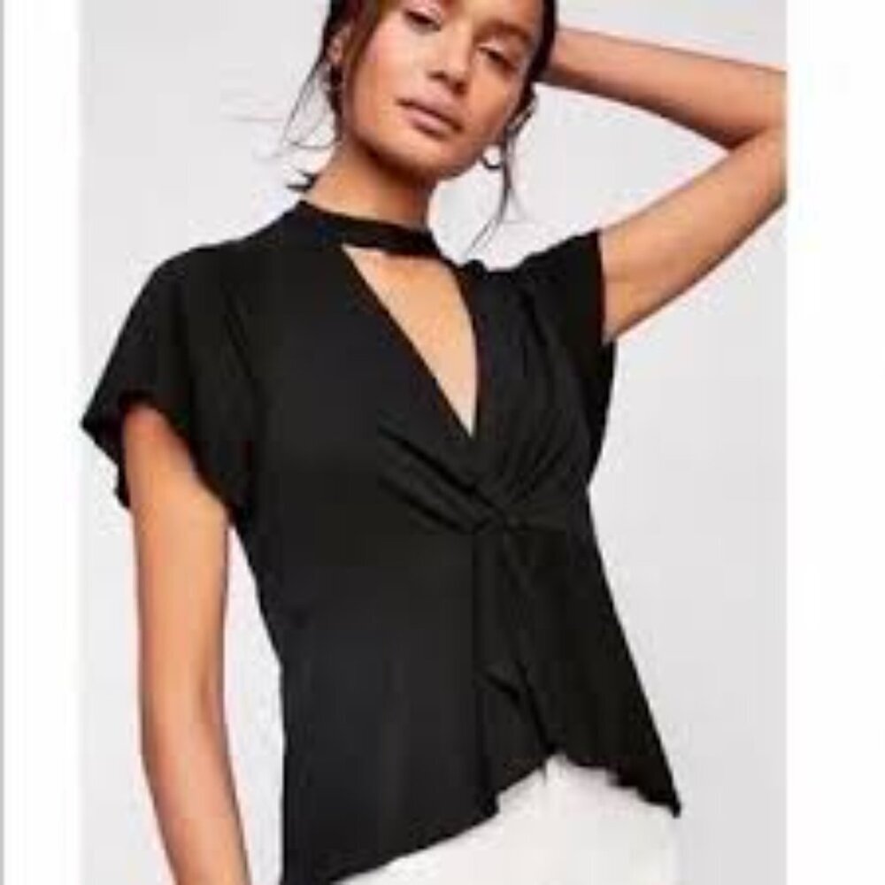 ✅ Free People Just A Twist BLACK Choker Neck Short Sleeve Tee Size LARGE